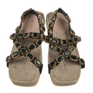 Gucci NWOT Crystal Embellishments jewel Espadrilles canvas flat open sandals